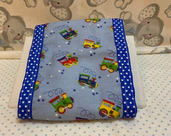 Choo Choo Train Burp Cloth Blue Ribbon and Polka Dot Trim.