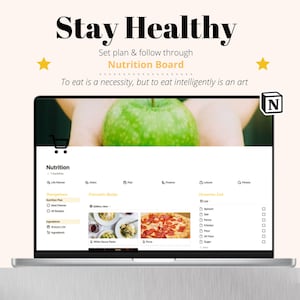 Puede incluir: Un ordenador portátil que muestra una tabla de nutrición con el texto "Stay Healthy". La pantalla muestra un planificador de comidas, una lista de la compra y opciones de recetas. Una manzana verde se sostiene en el fondo. El texto dice "Comer es una necesidad, pero comer inteligentemente es un arte."