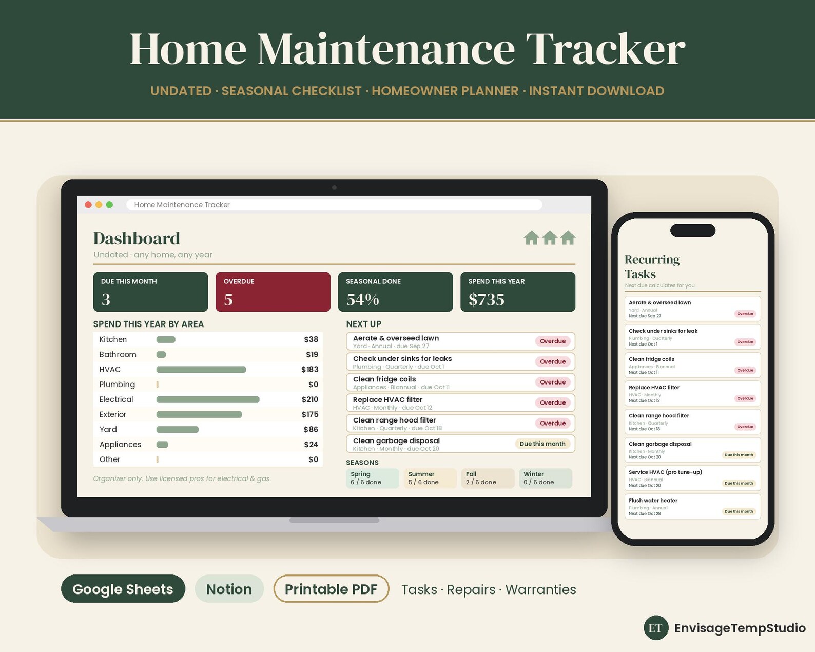 Home Maintenance Checklist & Tracker, Seasonal Homeowner Planner ...