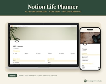 May include: A digital Notion Life Planner dashboard displayed on a laptop and smartphone screen. The interface features sections for Vision, Plan, Finance, Fitness, Nutrition, and Leisure, with text headers and icons organized in a clean, white layout.