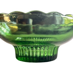 Vintage EO Brody Co Green Glass Bowl | Scalloped Edge | Ribbed Pedestal Base | Candy Dish, Made in the USA