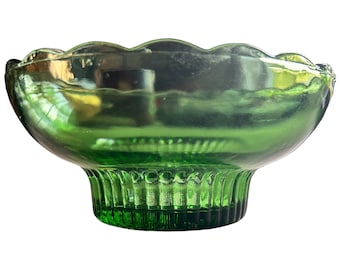 Vintage EO Brody Co Green Glass Bowl | Scalloped Edge | Ribbed Pedestal Base | Candy Dish, Made in the USA