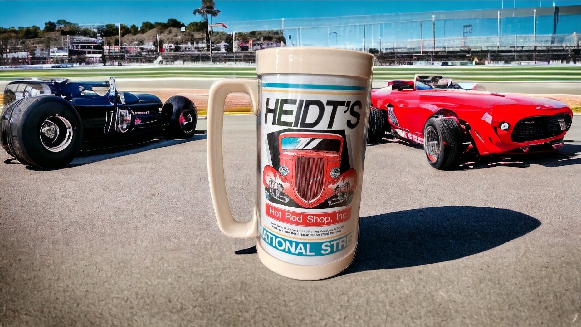 1992 NSRA Thermo Serv Plastic Tumbler Mug, York Pennsylvania, Heidt’s Hot Rod Shop, Made in the USA