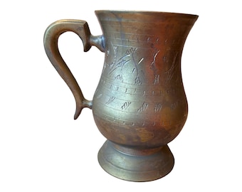 Heavy Brass Tankard Pitcher, Etched Goblet, Brass Pub Tankard, Etched Brass Tankard, Made in Pakistan.