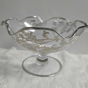 Silver City &quot;Flanders&quot; pattern candy dish with sterling silver overlay Glass Compote, Elegant Decor