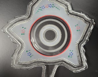 LE Smith Hobnail Hand Painted Leaf Shaped Platter, Cake Plate, Serving Platter
