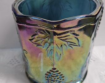 Vintage Indiana Glass Blue Carnival Glass Candy Jar W/ Lid Grape 