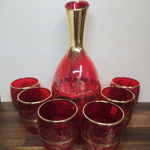 Vintage Murano Marked Decanter and 6 Glasses, Ruby Red With Gold Design