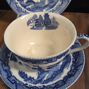 Vintage Blue Willow Tea Cup & Saucer Set: Occupied Japan Porcelain