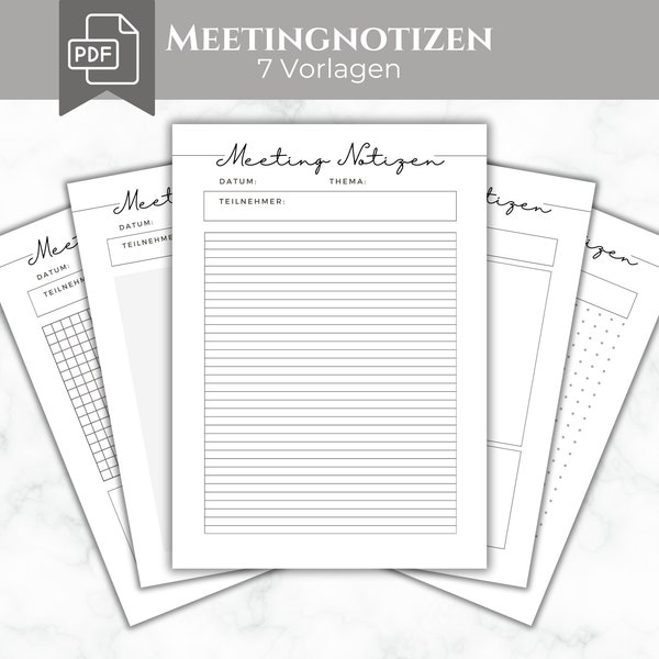 Meeting Notizen Vorlagen, Besprechungsnotizen PDF, A4/A5, Ausfüllbare Vorlage, druckbares Besprechungsprotokoll, digitale Notizen, Download