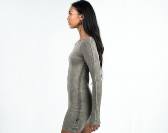 Grey Washed Bodycon Mini Dress: Techwear Cyberpunk Evening Dress
