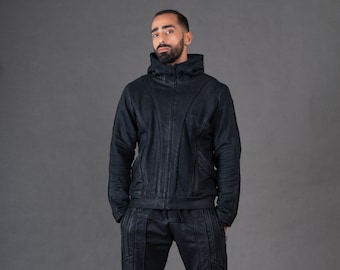 Black Waxed Cotton Hoodie: Men's Cyberpunk Fashion Jacket