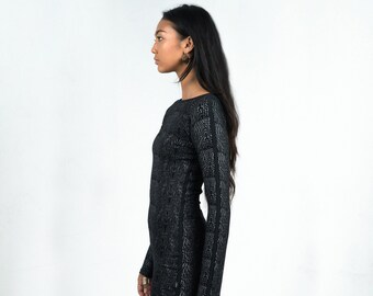 Black Print Bodycon Mini Dress: Techwear Long Sleeve Rayon Lycra