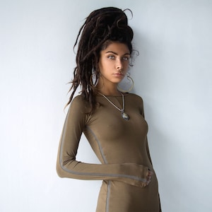Brown Long Sleeve Mini Dress - Front View