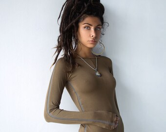 Vestido de manga larga, Mini Vestido Marrón de Manga Larga, Ropa Techwear para Mujer, Ropa de Vanguardia, Vestido Midi Elegante de Verano