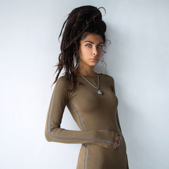 Brown Bodycon Mini Dress: Long Sleeve Techwear, Cyberpunk Style