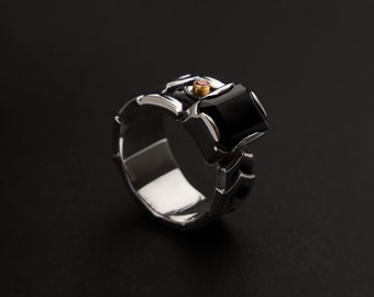 BLACK OBSIDIAN RING, 925 Silver Black Obsidian Men&#39;s Statement Ring, Post-Apocalyptic Avant Garde Silver Women Ring, Black Gemstone Ring