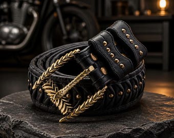 Handmade Black Leather Belt: Wide Waist Belt with Large Buckle