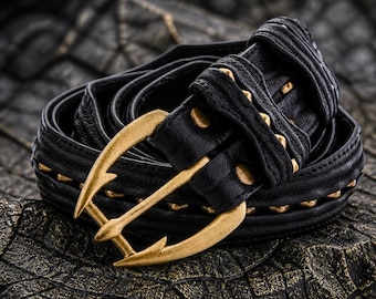 Handmade Black Leather Belt: Viper Buckle, Western Style