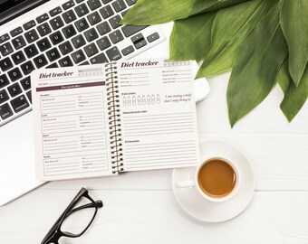Rastreador de dieta imprimible, diario de alimentos, diario de comidas, rastreador de alimentos y agua