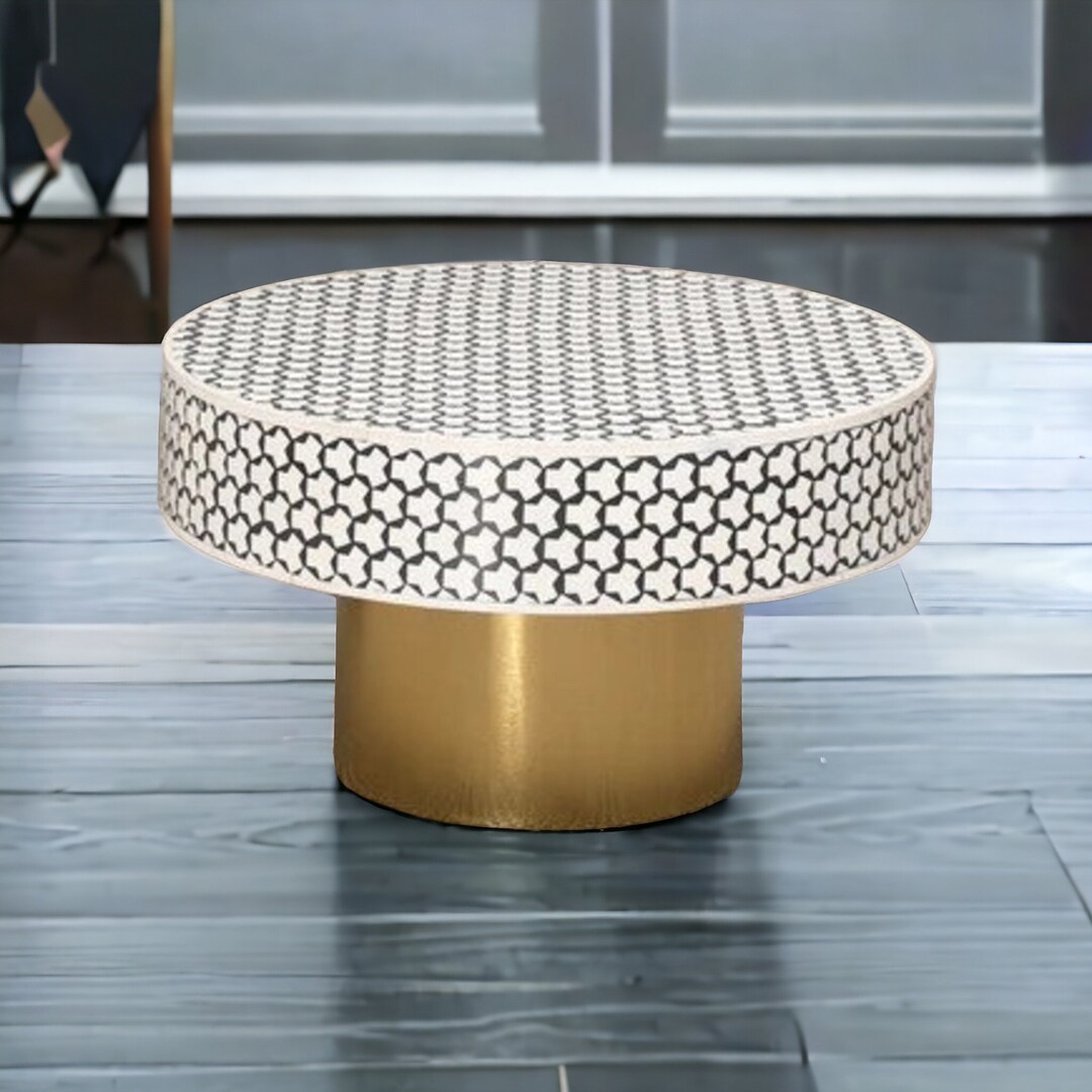 Round Bone Inlay Coffee Table, Handmade Bone Inlay Wooden Modern Targua ...