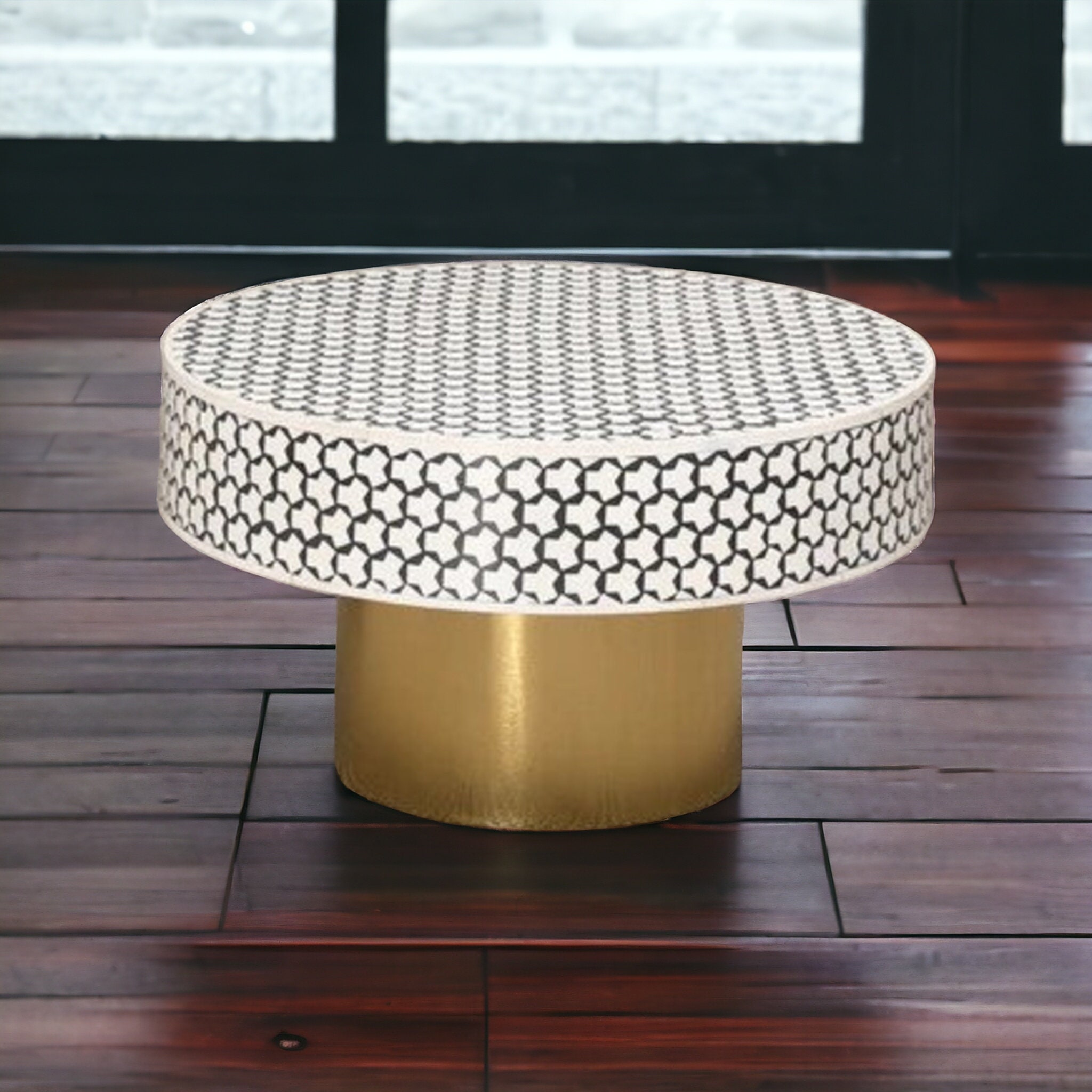 Round Bone Inlay Coffee Table, Handmade Bone Inlay Wooden Modern Targua ...