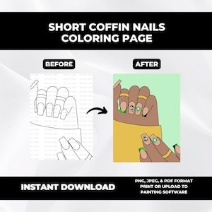 Blank Short Coffin Nails Coloring Page, Instant Download, Nail Design Practice Template