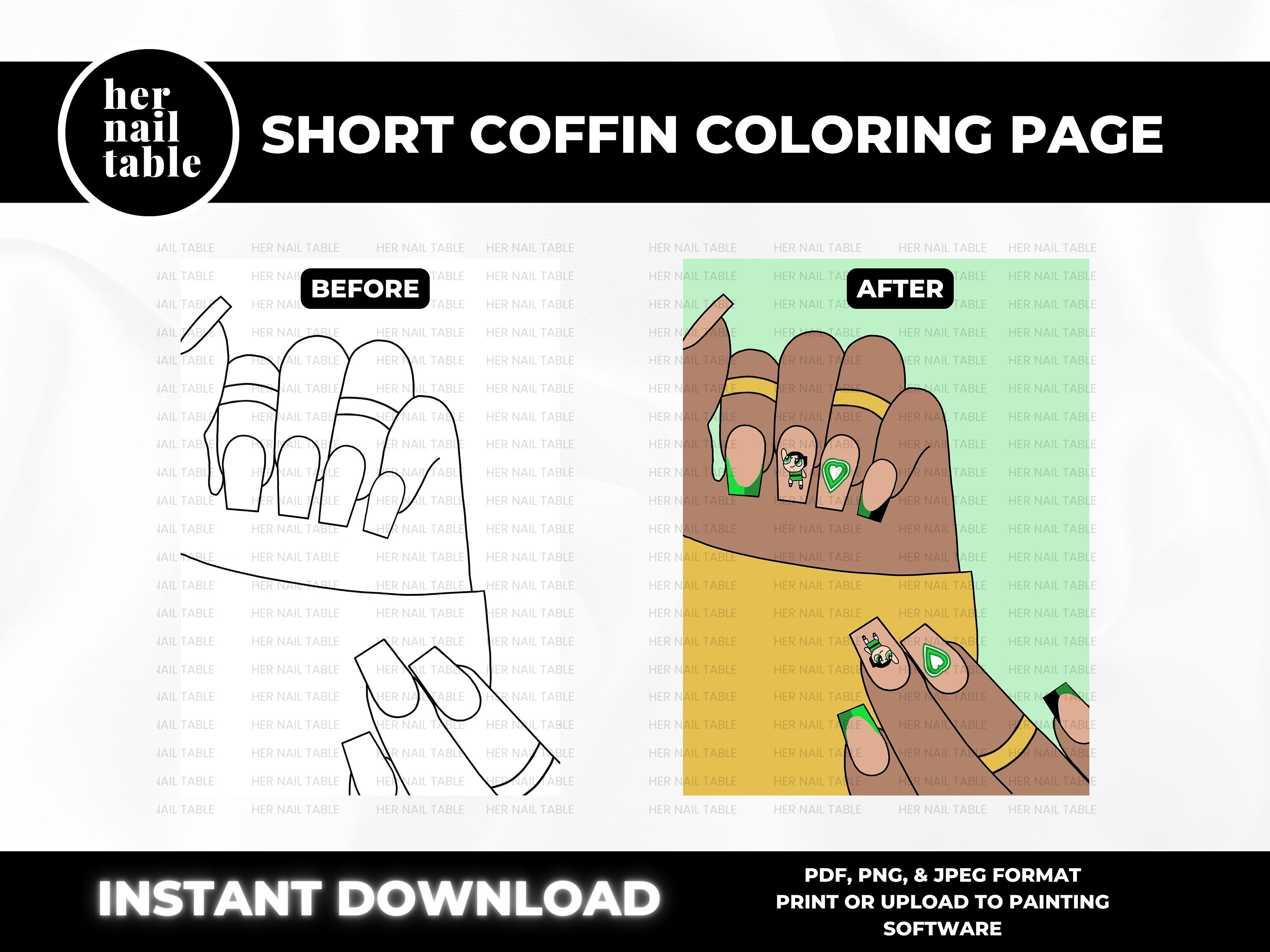 Blank Short Coffin Nails Coloring Page, Instant Download, Nail Design