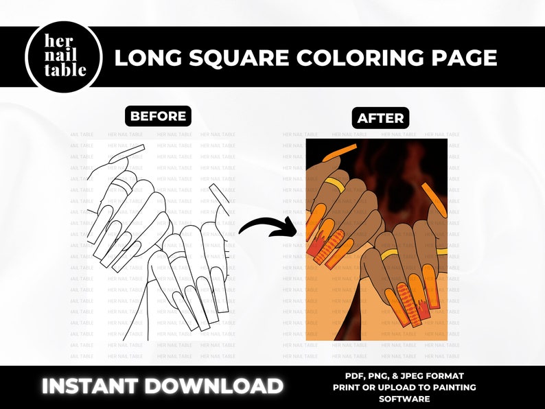 Blank Long Coffin Nail Design Template, Instant Download, Nail Art