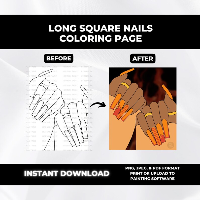 Long Square Nails Coloring Page, Blank Nail Template, Digital Printable