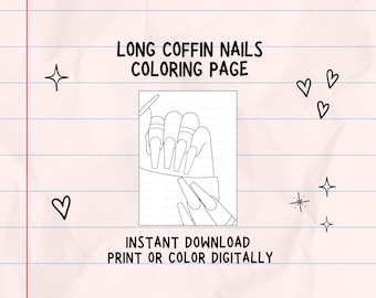 Long Coffin Nails Coloring Page | Nail Art Coloring Sheet | Digital Download