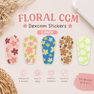 May include: Five floral Dexcom stickers in a row, each with a different flower pattern. The stickers are in shades of pink, yellow, blue, orange, and green. Text at the top reads "FLORAL CGM Dexcom Stickers 5 PACK".
