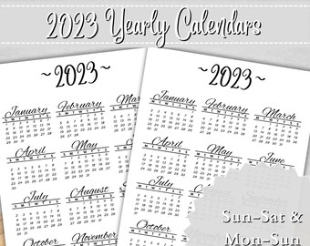 Yearly Printable Calendar Landscape Yearly Calendar 2023 8.5x11 DIGITAL ...