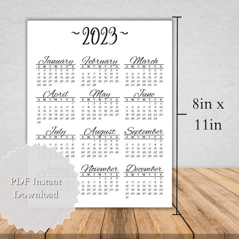 2023 Yearly Printable Calendar Portrait Yearly Calendar 2023 8x11 ...