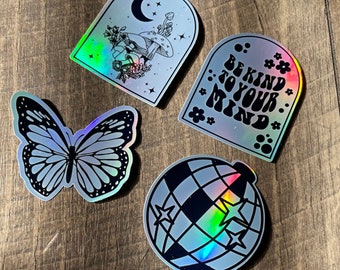 Holographic Sticker - butterfly, disco ball, be kind to your mind, and celestial stickers