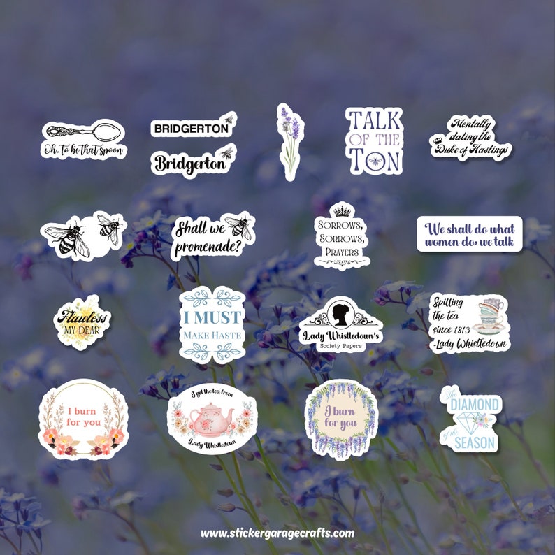 May include: A set of 12 Bridgerton-themed stickers featuring quotes and images from the popular Netflix series. The stickers are printed on white, glossy paper and have a rounded rectangular shape. Some of the stickers feature images of bees, teacups, and lavender flowers.