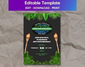Editable Survivor TV Show Birthday Invitation - Customizable