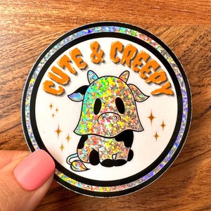 Adesivo de vaca com glitter. Adesivo fofo de vaca. Adesivo engraçado de vaca. Adesivo de vaca para o Halloween. Adesivos fofos e assustadores.