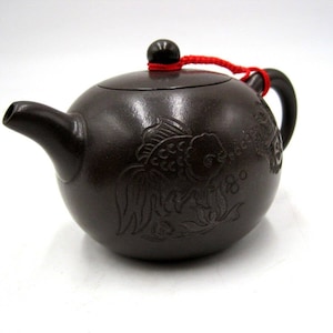 Carved Koi Fish Flower Signed Chinese Yixing Zisha Clay Pottery Teapot