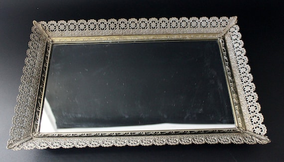 Vintage Vanity Mirror Tray - Fancy Ornate Goldtone Filigree Tray - Vanity Dresser Mirror Décor