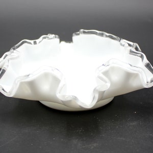 Fenton Silvercrest Milk Glass BonBon Bowl White Clear Ruffled Edge Footed Dish