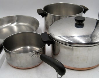 5 Pieces Vintage Revere Ware Copper Clad Bottom Pan 1 1/2QT Stock Pot+12" Skillet+ 2-6QT+Lid