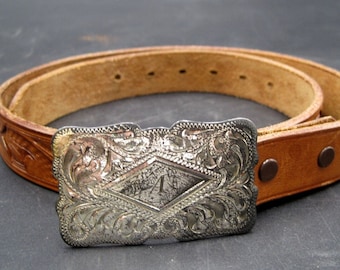 Vintage Sterling Frontier Buckle Navajo Hand gegraveerd "A" Saguaro Cactus