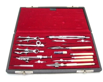 Vintage 1950s Sans & Streiffe Mechanical Drawing Set w/Papers Japan