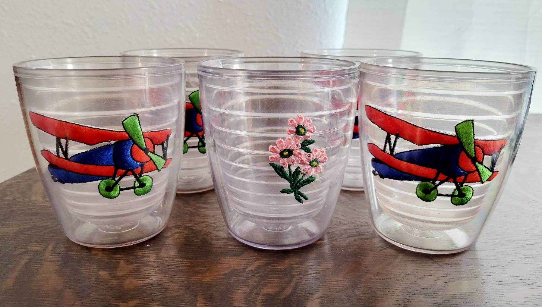 Set of 5 Vintage Tervis Tumblers 12oz Embroidered Airplanes & Flowers 