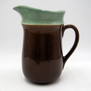 May include: A brown ceramic pitcher with a green rim and handle. The pitcher has a curved spout and a rounded base. The handle is a simple loop. The pitcher is likely used for serving beverages.