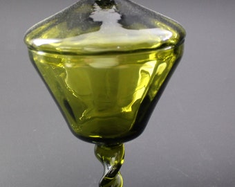 11” Vintage 60’s Empoli Green Ribbed Apothecary Jar blown art glass candy mcm