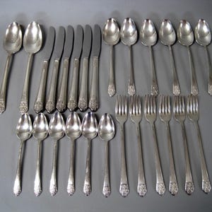 May include: A collection of silver-toned flatware including six dinner knives, twelve spoons of varying sizes, and six forks. Each piece features a polished metallic finish and a decorative embossed pattern at the base of the handle, arranged in rows.
