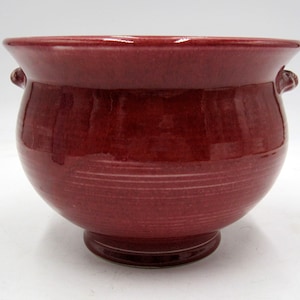 May include: A deep red ceramic planter with two small handles on the sides. The planter has a rounded body and a slightly flared rim.