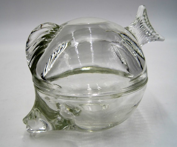 anchor hocking glass fish box Vintage 1950's Clear Blown Glass Fish Shaped Trinket Box Anchor Hocking